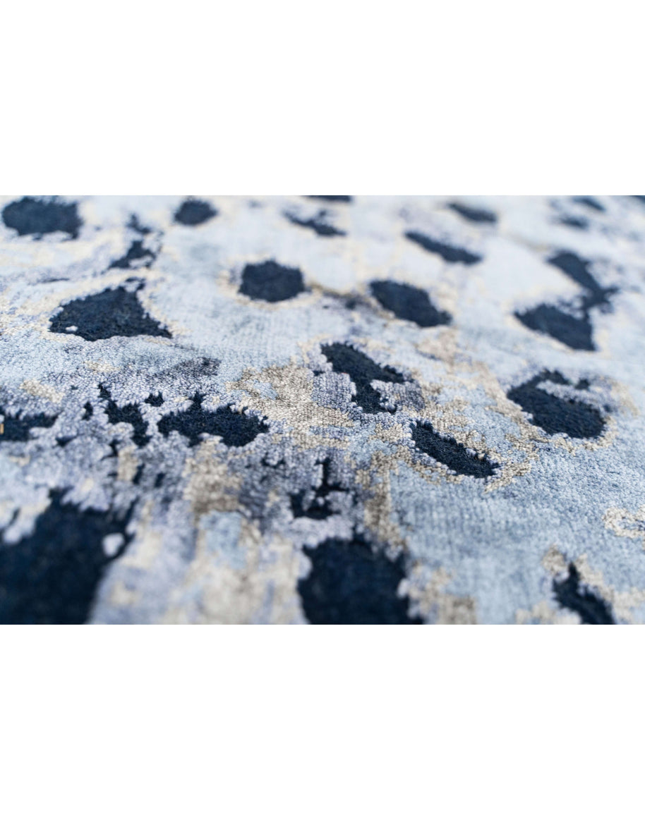 Y U K O luxury handmade rug by Cherom in blue and gold New Zealand wool.