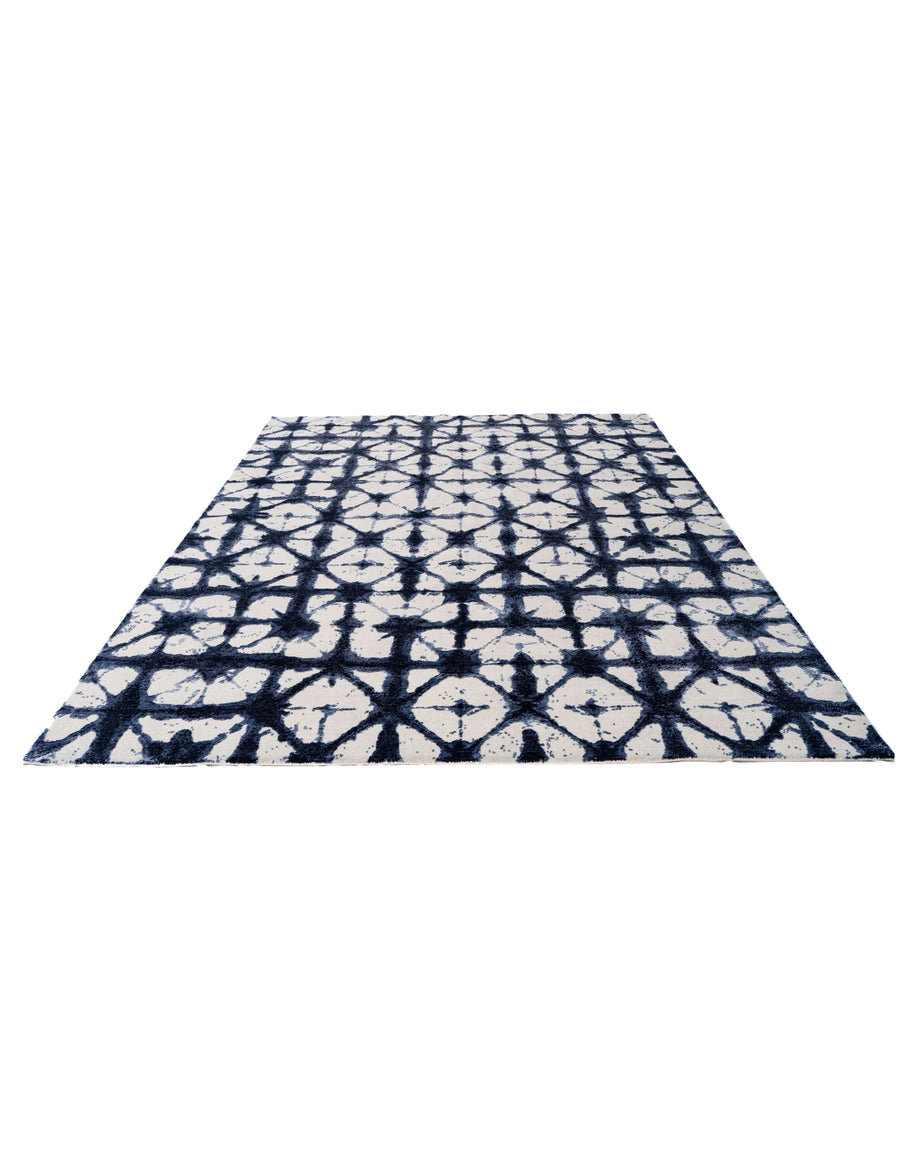 S H I B O R I luxury handmade rug by Cherom in navy and cream New Zealand wool