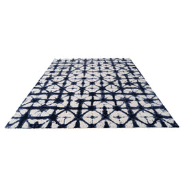 S H I B O R I luxury handmade rug by Cherom in navy and cream New Zealand wool