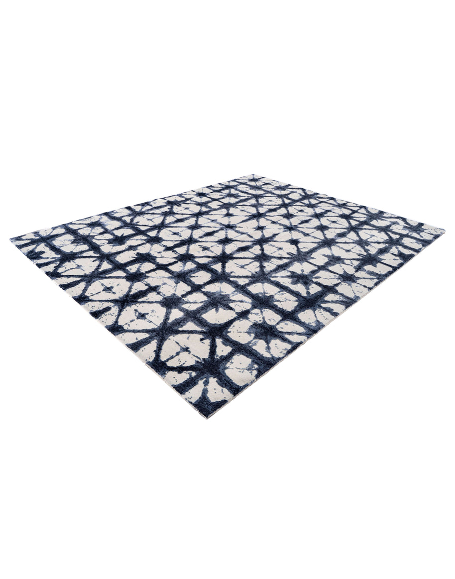 S H I B O R I luxury handmade rug by Cherom, navy and white New Zealand wool, contemporary design.