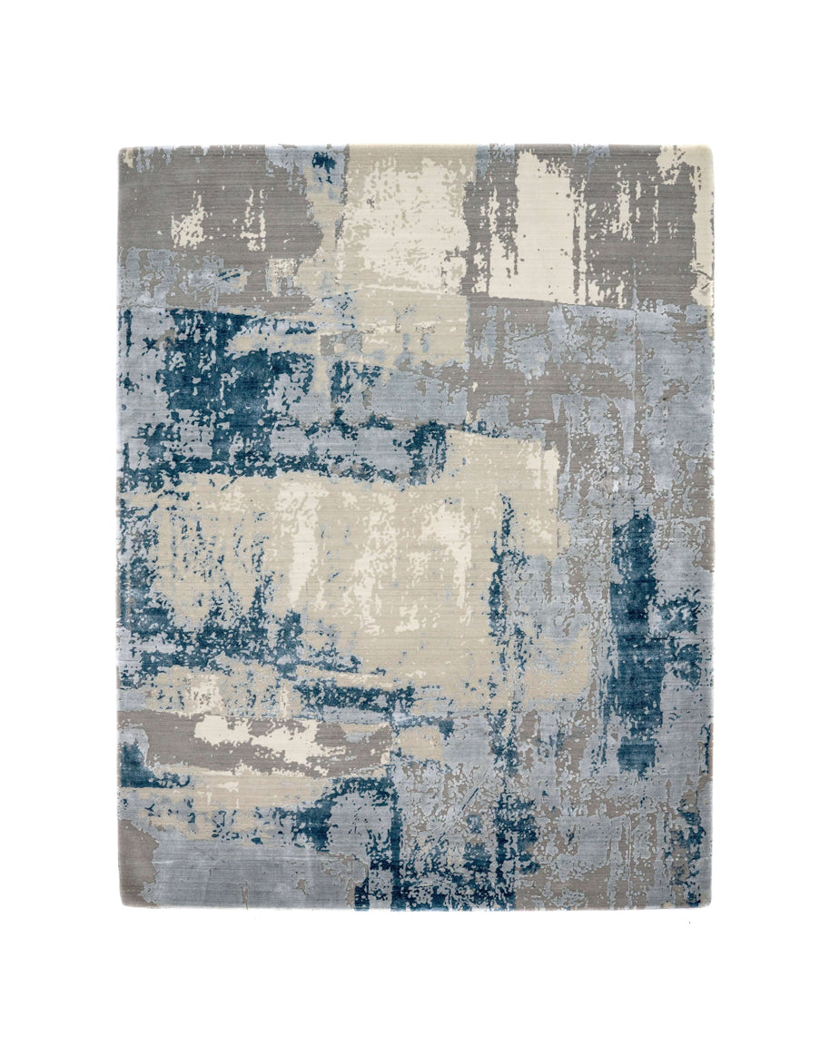 L A V E L L E luxury handmade rug by Cherom, New Zealand wool, modern design in blue and grey.