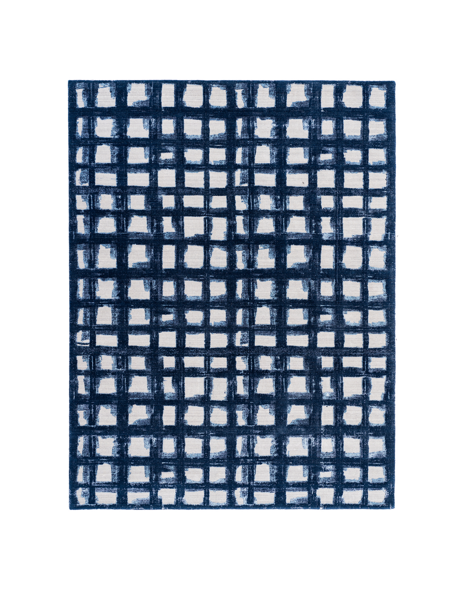 E V I A N luxury handmade rug by Cherom, navy and cream New Zealand wool, contemporary design.