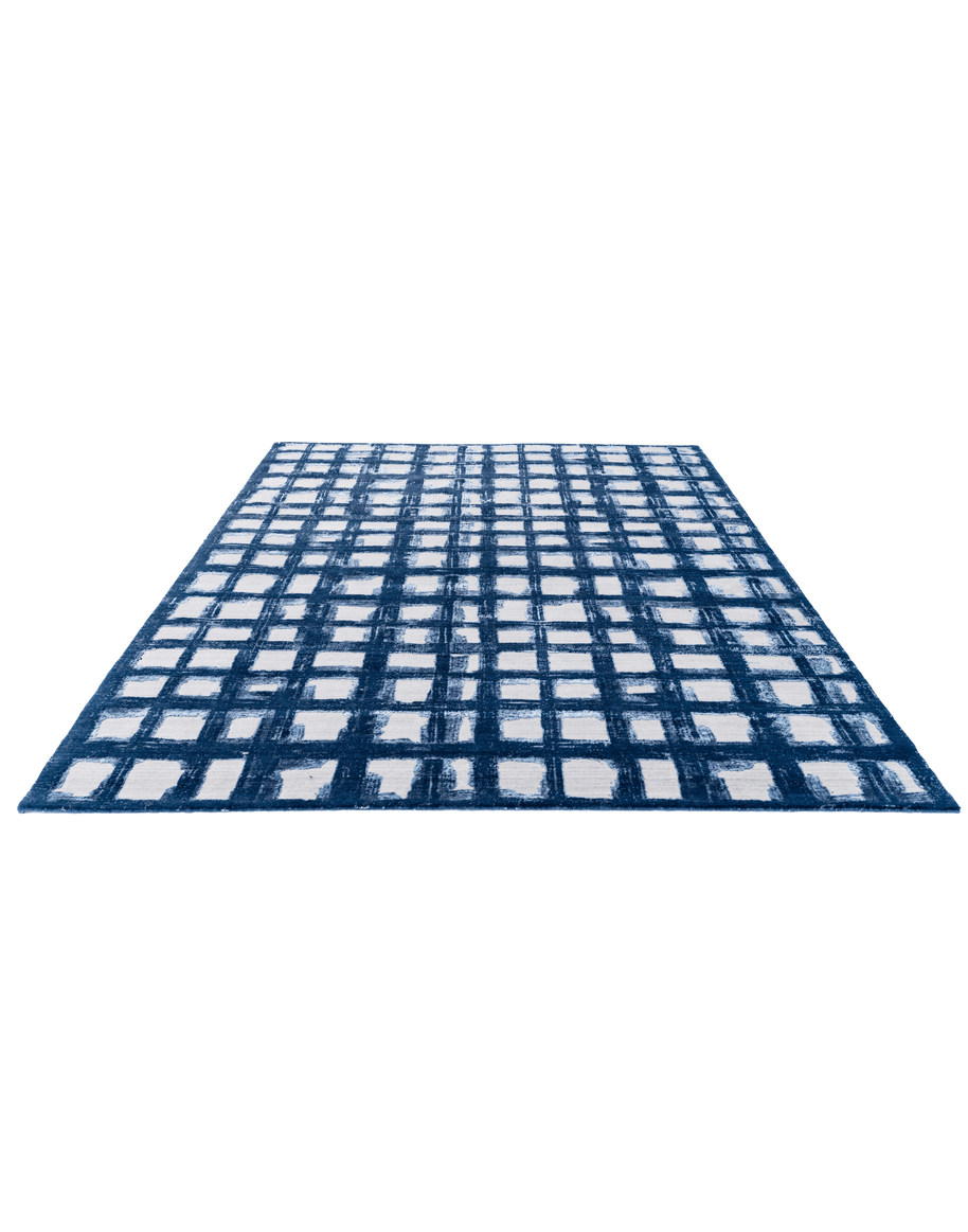 E V I A N luxury handmade rug by Cherom, contemporary design, New Zealand wool, blue and white.