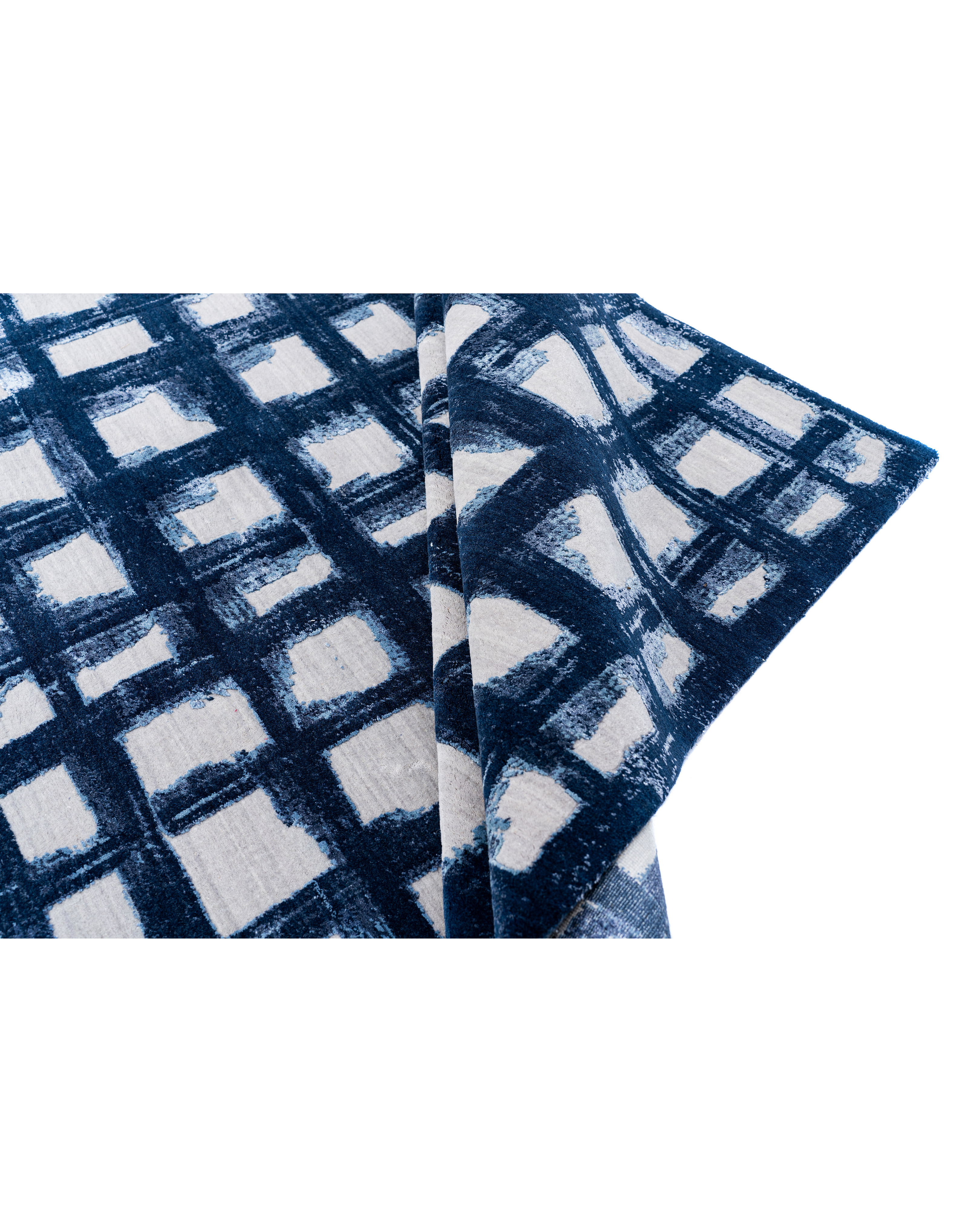 E V I A N luxury handmade rug by Cherom in blue and white New Zealand wool, modern contemporary design.