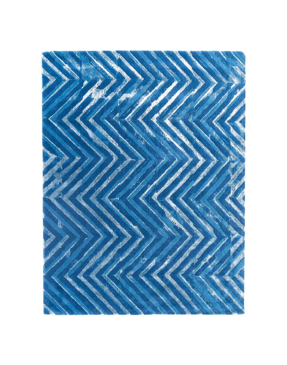 F U R L A luxury handmade rug by Cherom in blue New Zealand wool with modern chevron design.