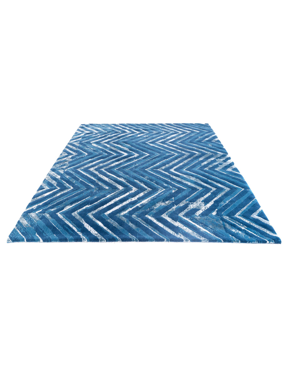 F U R L A luxury handmade rug by Cherom, blue color, New Zealand wool, modern zigzag pattern.