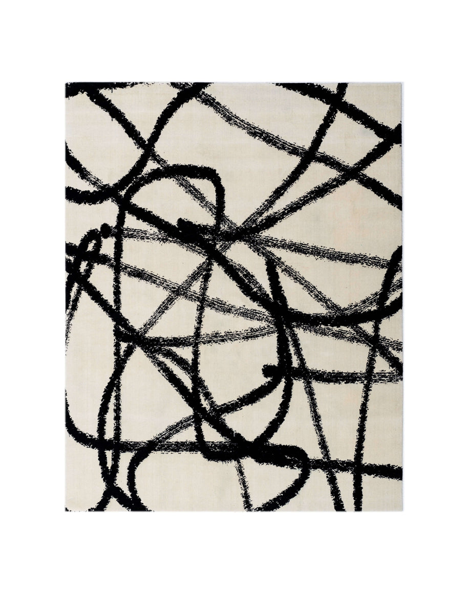 S A C A I luxury handmade rug by Cherom in black and white New Zealand wool, contemporary design.