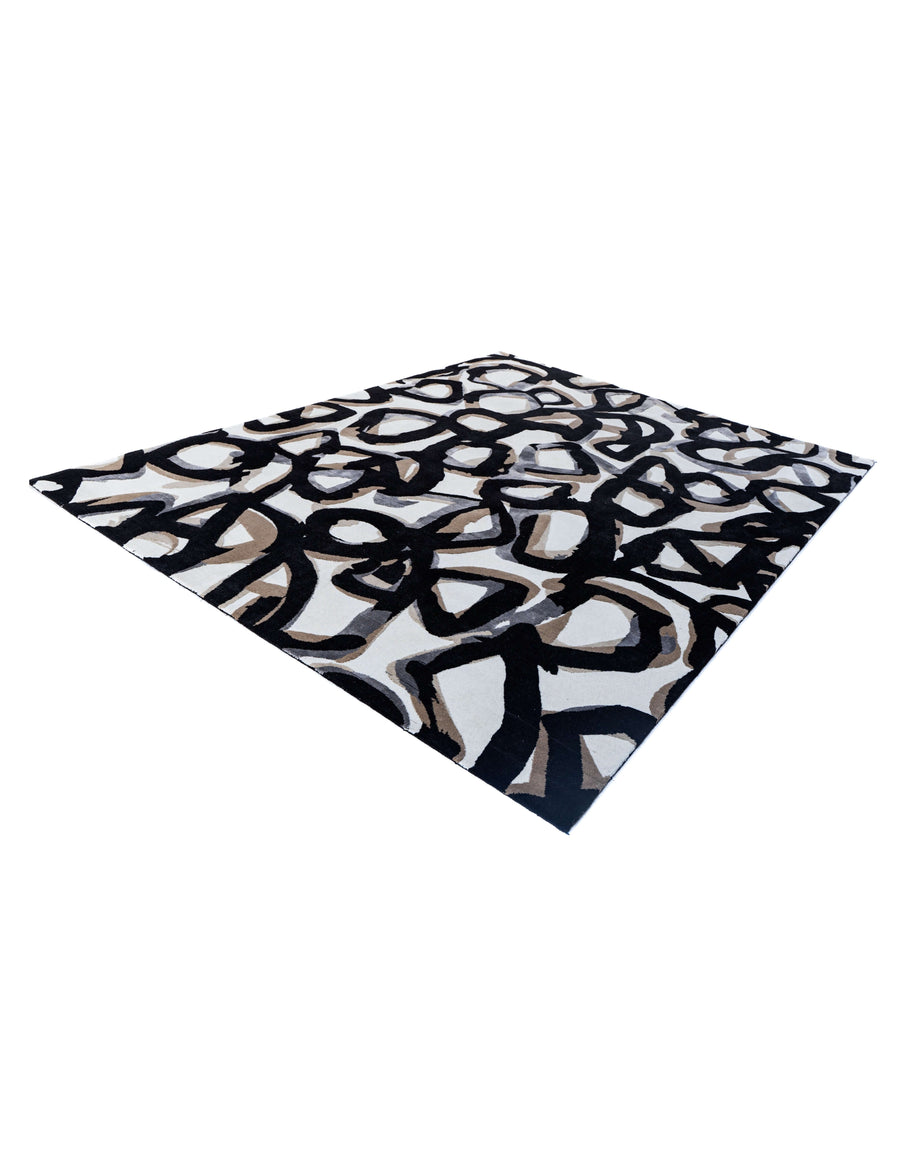 L A   R O U T E luxury handmade rug by Cherom, modern design in New Zealand wool, bold black and cream pattern.