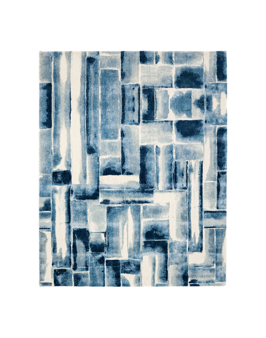 L O U I S luxury handmade rug by Cherom in blue New Zealand wool, contemporary design.