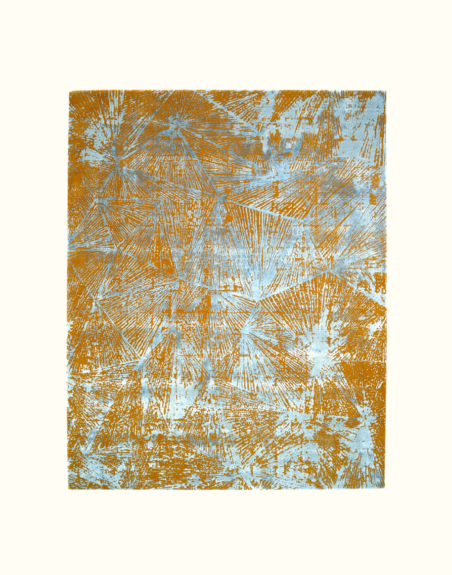 M A R C U S luxury handmade rug by Cherom in blue and gold New Zealand wool, modern contemporary design.