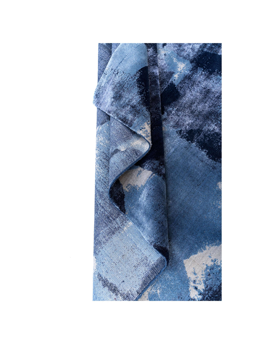 M A K luxury handmade rug by Cherom, modern blue New Zealand wool, contemporary design.