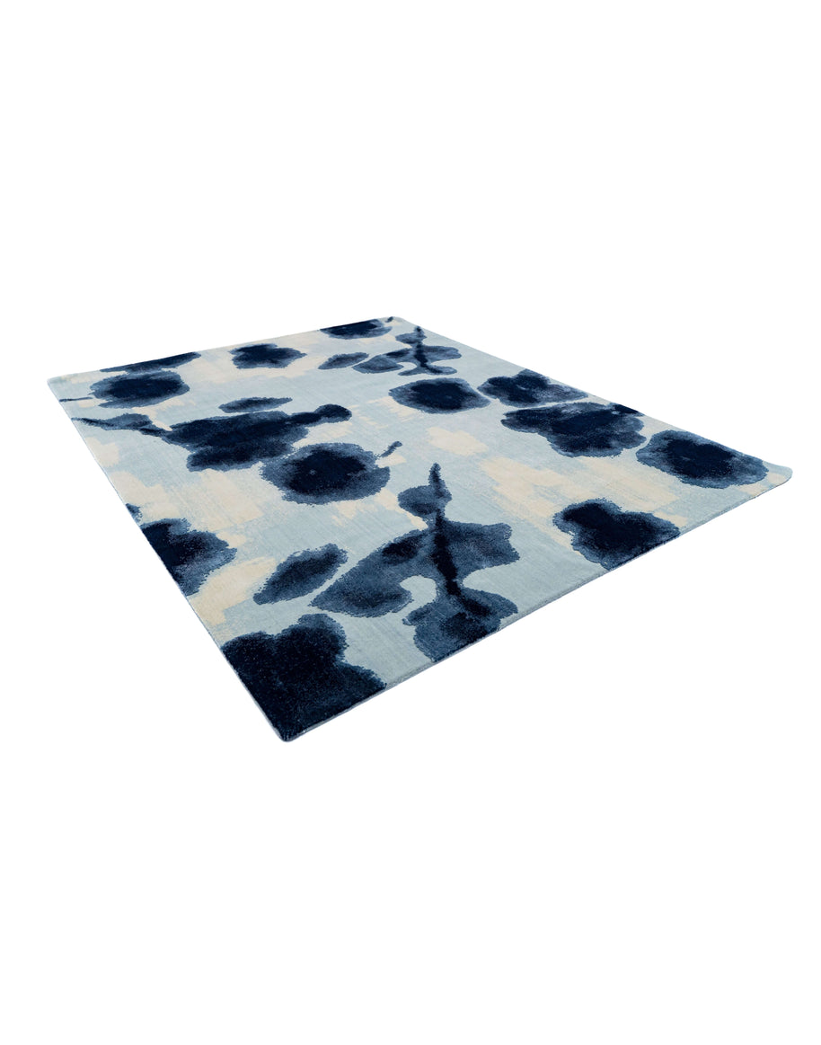 M A R L I luxury handmade rug by Cherom in blue and white, New Zealand wool, modern contemporary design.