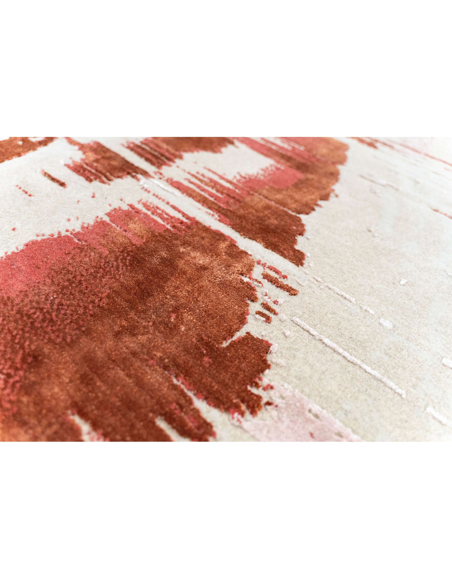 E I M I luxury handmade rug by Cherom, featuring red and beige New Zealand wool in modern contemporary design.