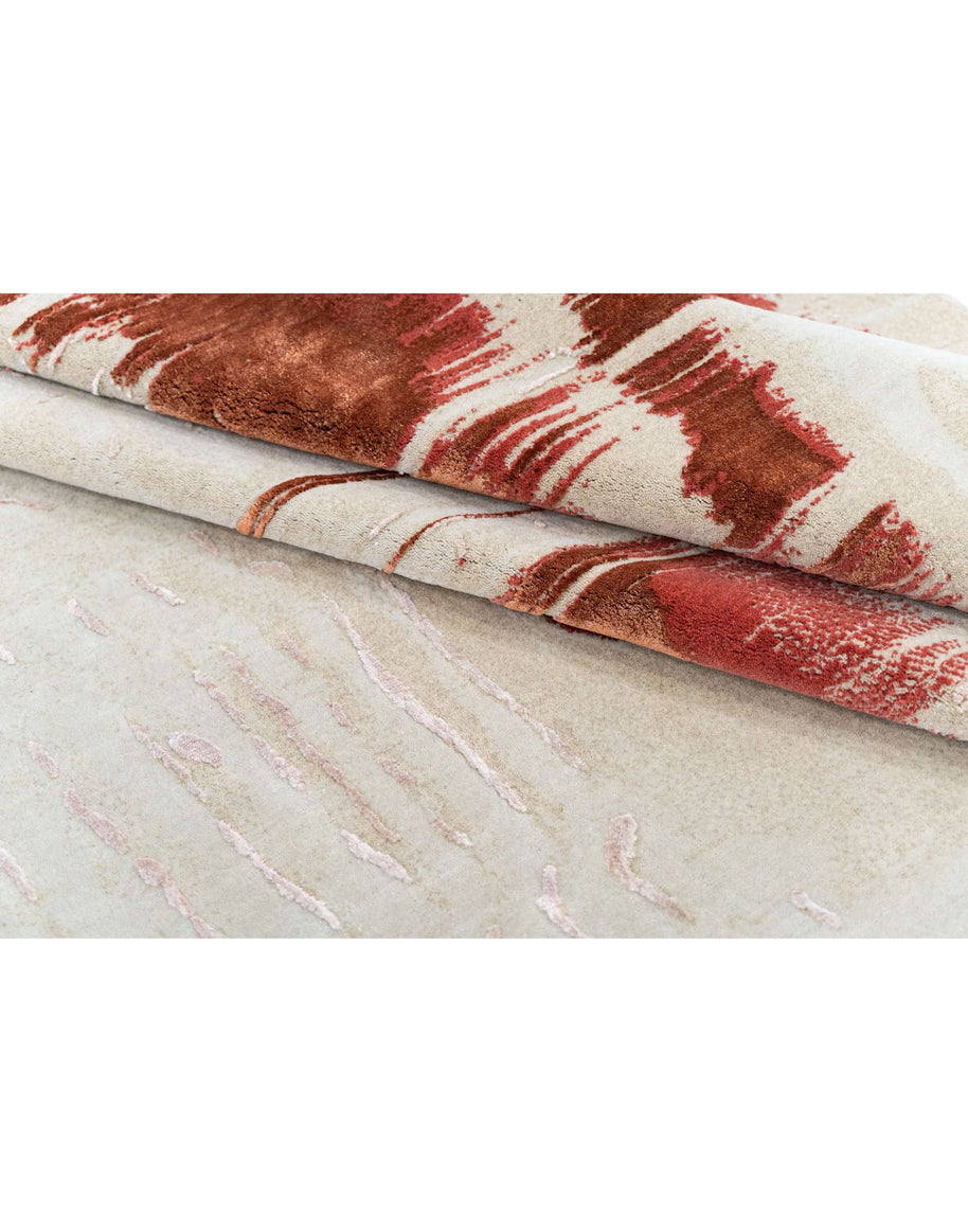 E I M I luxury handmade rug by Cherom, New Zealand wool, modern design in beige and red.