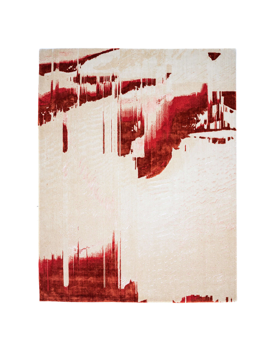 E I M I luxury handmade rug by Cherom, red and beige New Zealand wool contemporary design.
