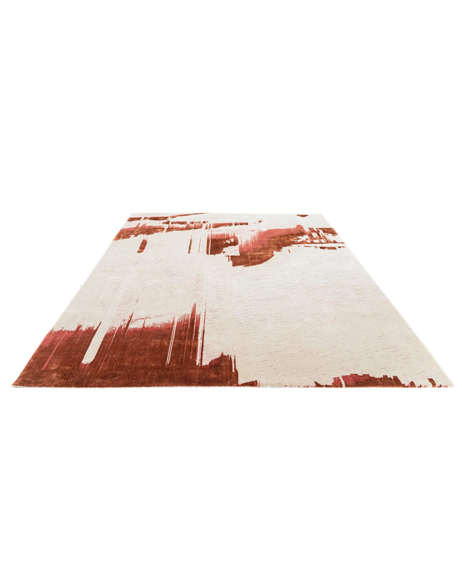 E I M I luxury handmade rug by Cherom, red and beige, New Zealand wool, modern contemporary design.