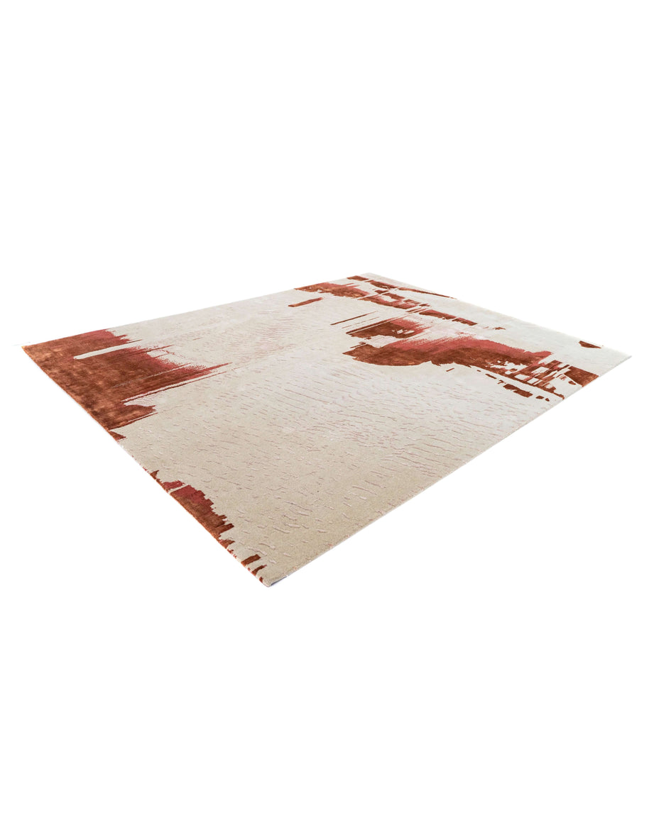 E I M I luxury handmade rug by Cherom in New Zealand wool, featuring a contemporary red and beige design.