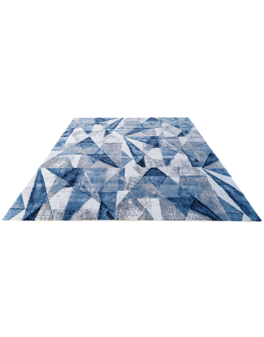 G E R A R D luxury handmade rug by Cherom in blue New Zealand wool, modern geometric design, 8x10 ft.