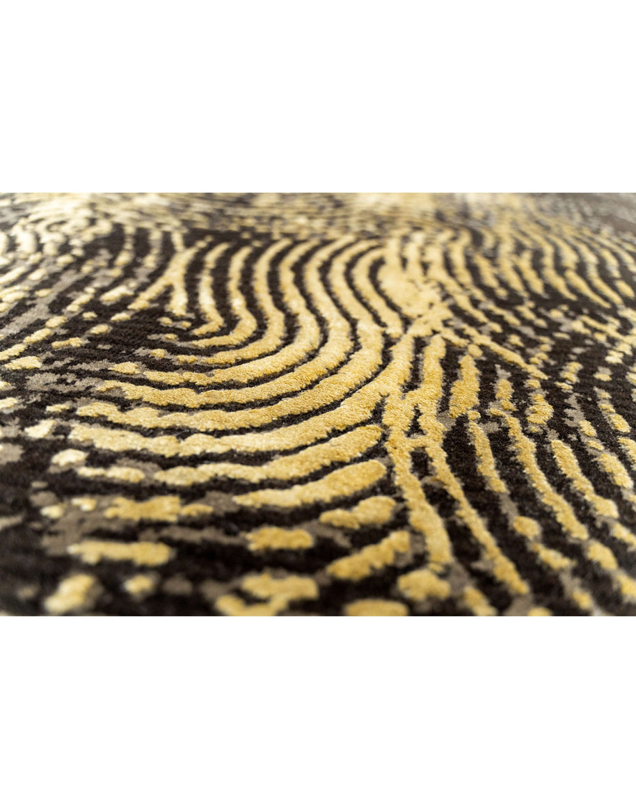 T O R E R O luxury handmade rug by Cherom, New Zealand wool, dark tone with intricate modern design.