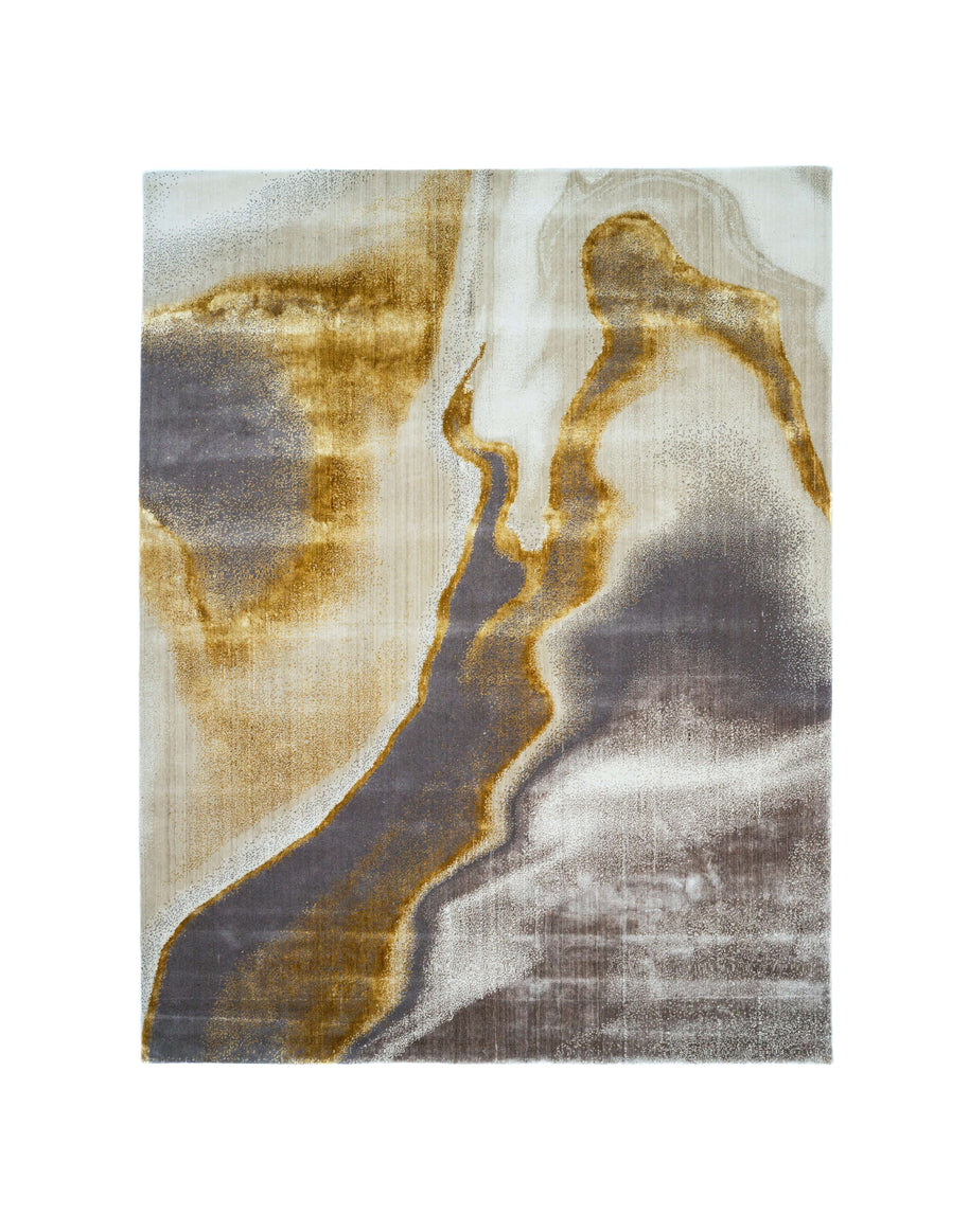 G O L D U S T luxury handmade rug by Cherom, modern New Zealand wool design in gold and grey.