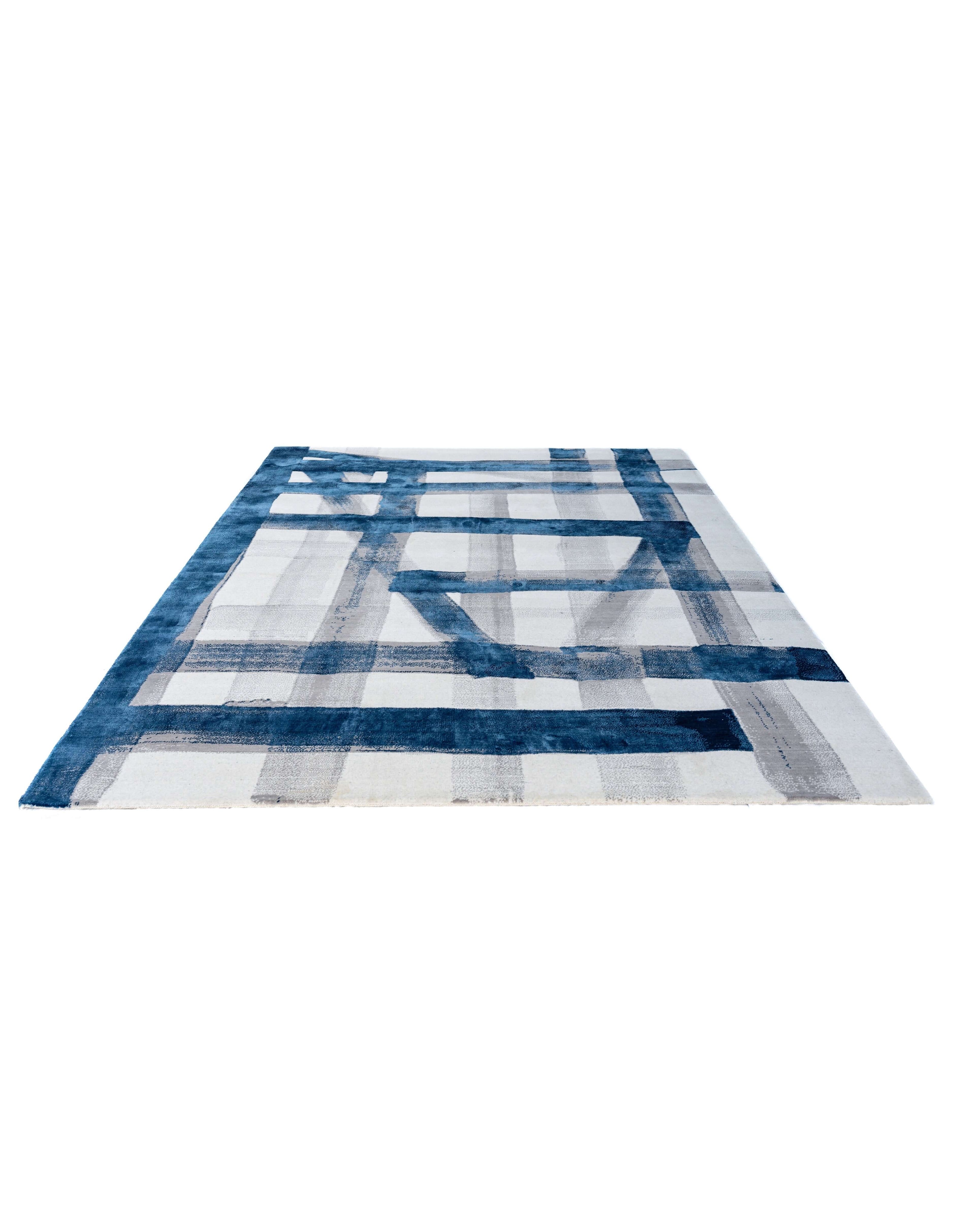 A S T O R I A luxury handmade rug by Cherom, New Zealand wool, modern blue and white design.
