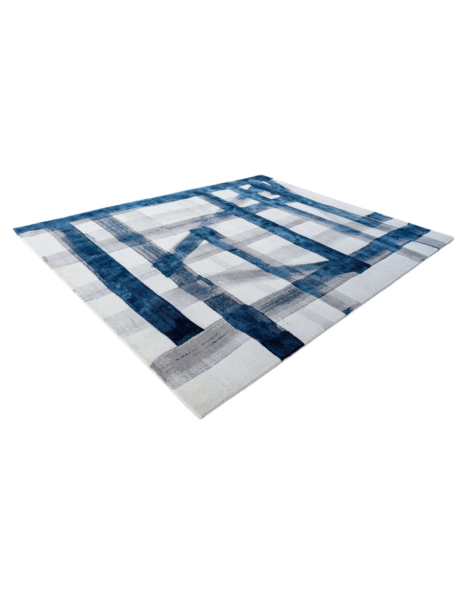 A S T O R I A luxury handmade rug by Cherom in blue and white New Zealand wool, modern contemporary design.
