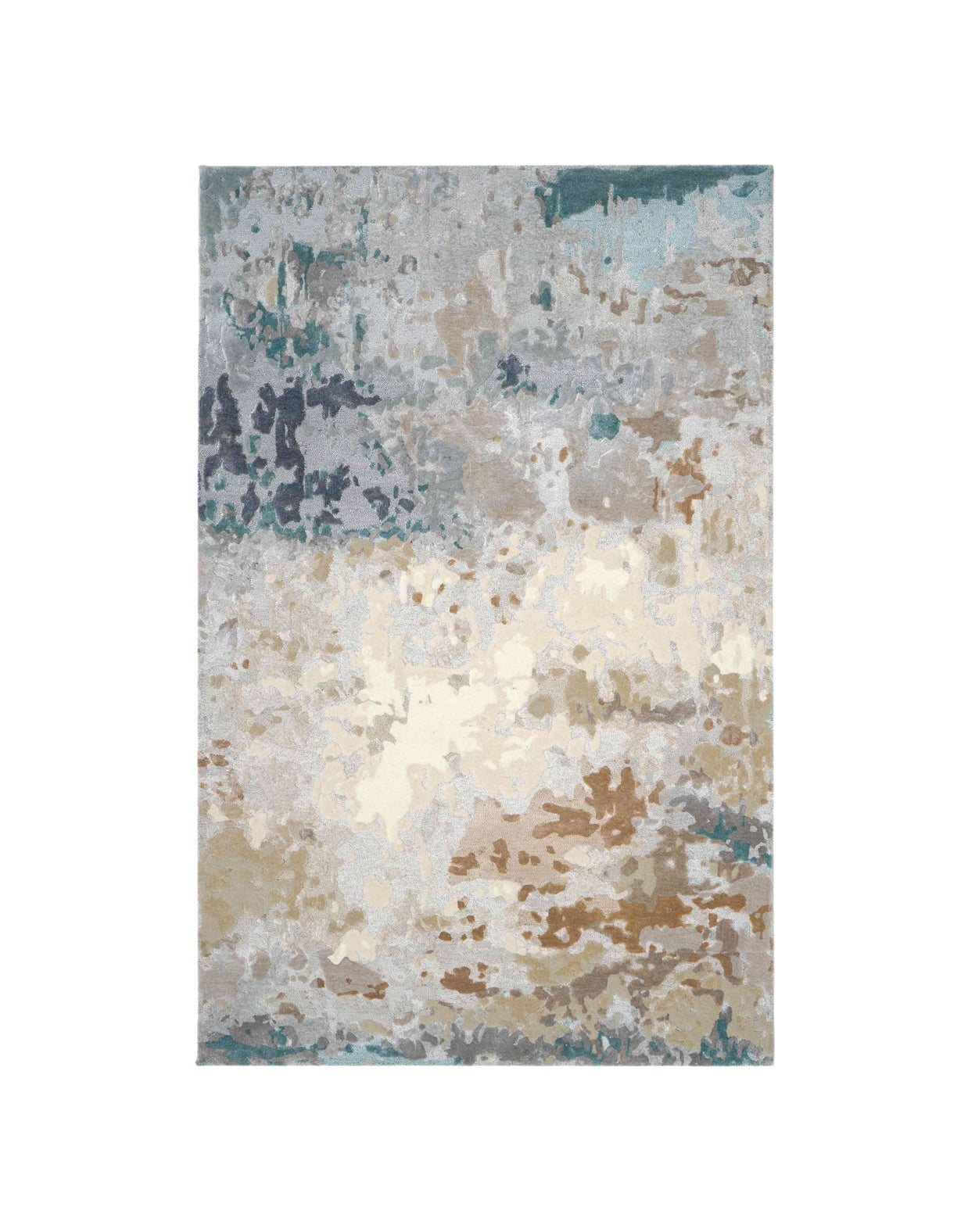 S A V O Y luxury handmade rug by Cherom, New Zealand wool, soft greys, warm beige, earthy browns, teal tones.