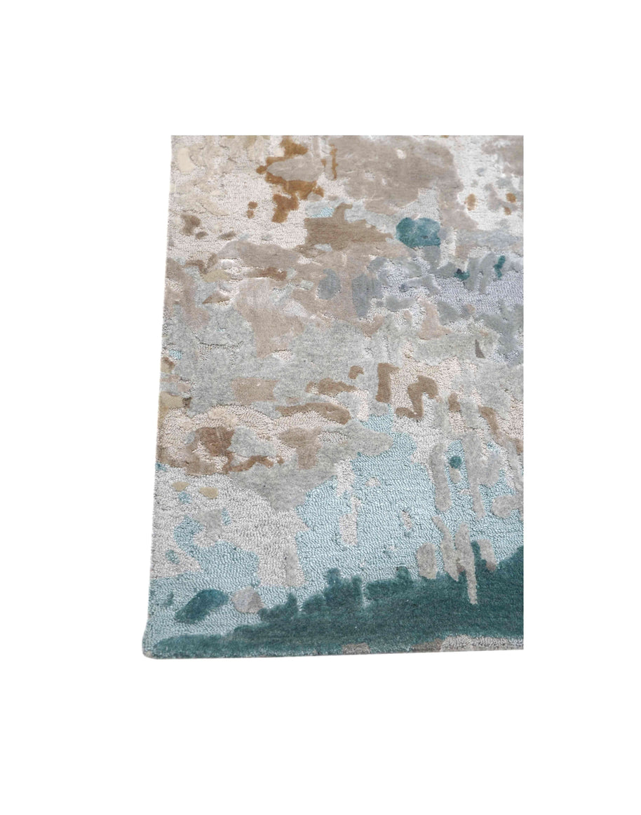 S A V O Y luxury handmade rug by Cherom, New Zealand wool, soft greys, warm beige, earthy browns, teal tones.