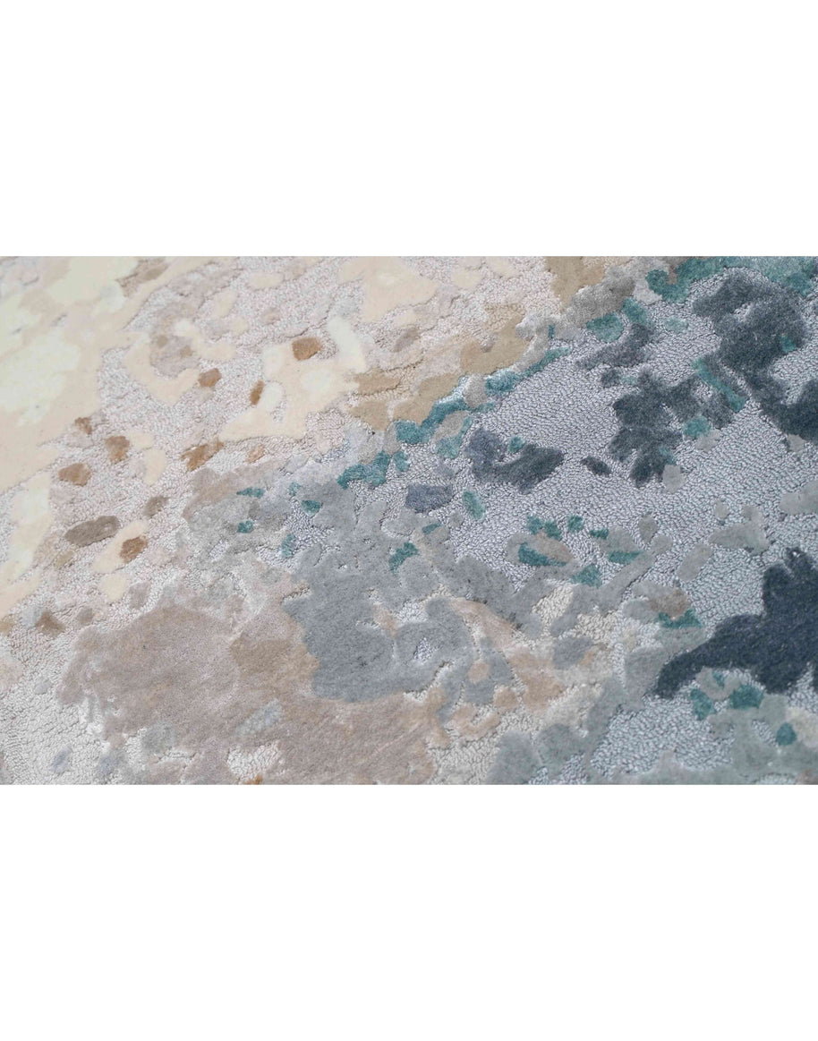 S A V O Y luxury handmade rug by Cherom in soft greys, beige, teal, New Zealand wool.