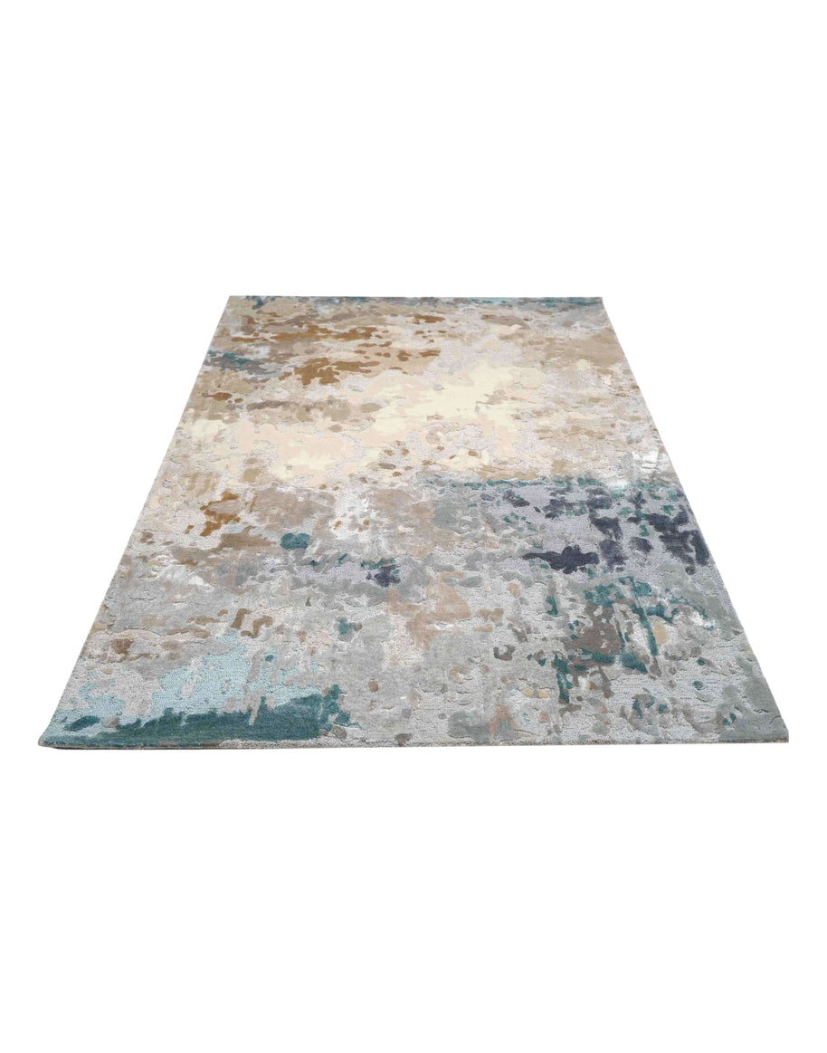 S A V O Y luxury handmade rug by Cherom, New Zealand wool, soft greys, warm beige, teal accents.