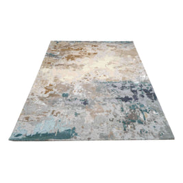 S A V O Y luxury handmade rug by Cherom, New Zealand wool, soft greys, warm beige, teal accents.