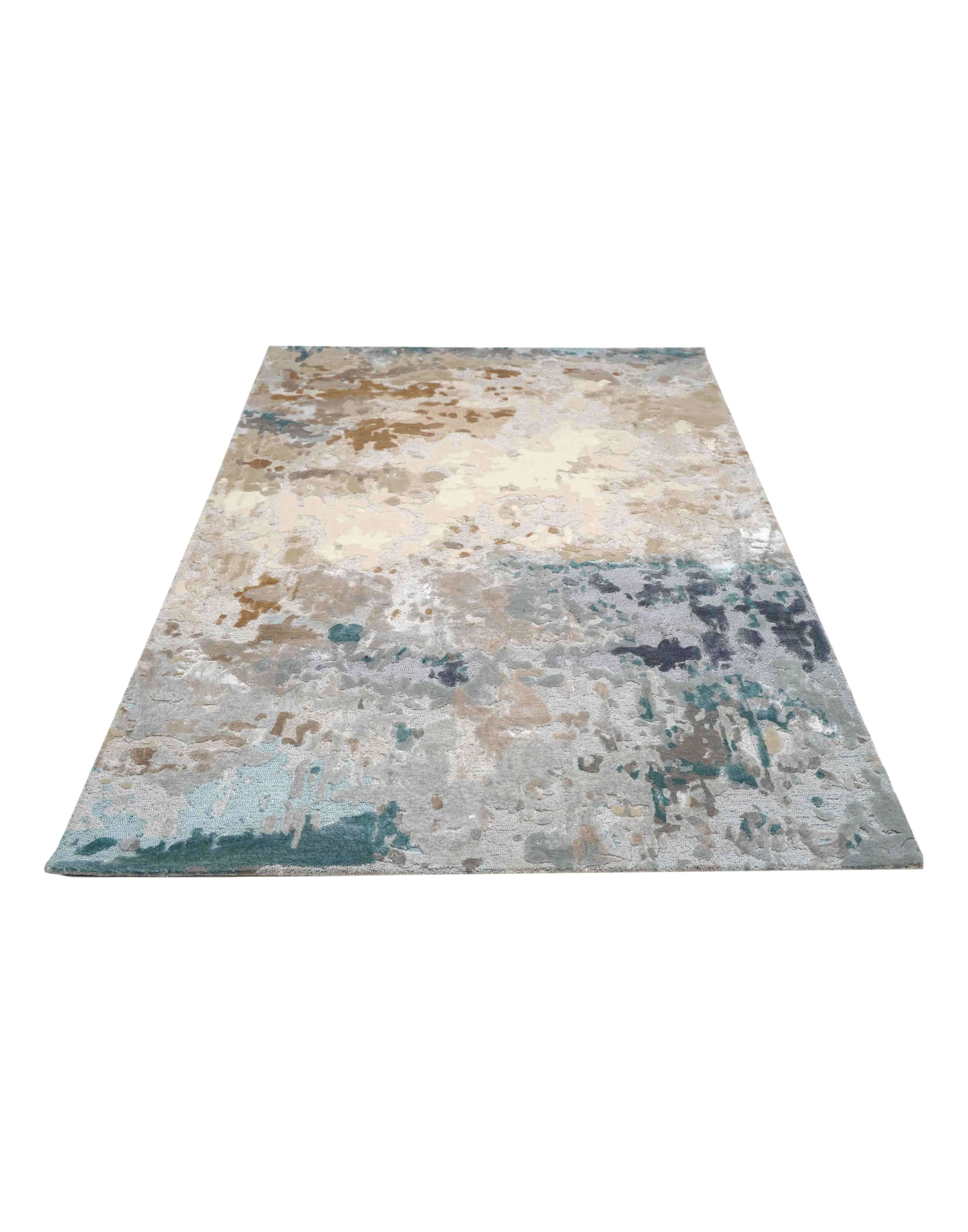 S A V O Y luxury handmade rug by Cherom, New Zealand wool, soft greys, warm beige, teal accents.