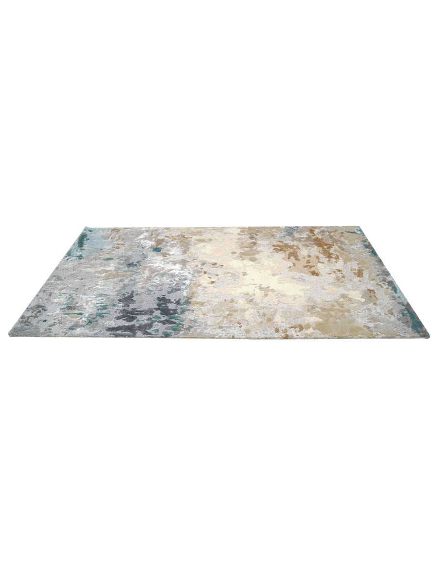 S A V O Y luxury handmade rug by Cherom in New Zealand wool, featuring soft greys, warm beige, and teal tones.