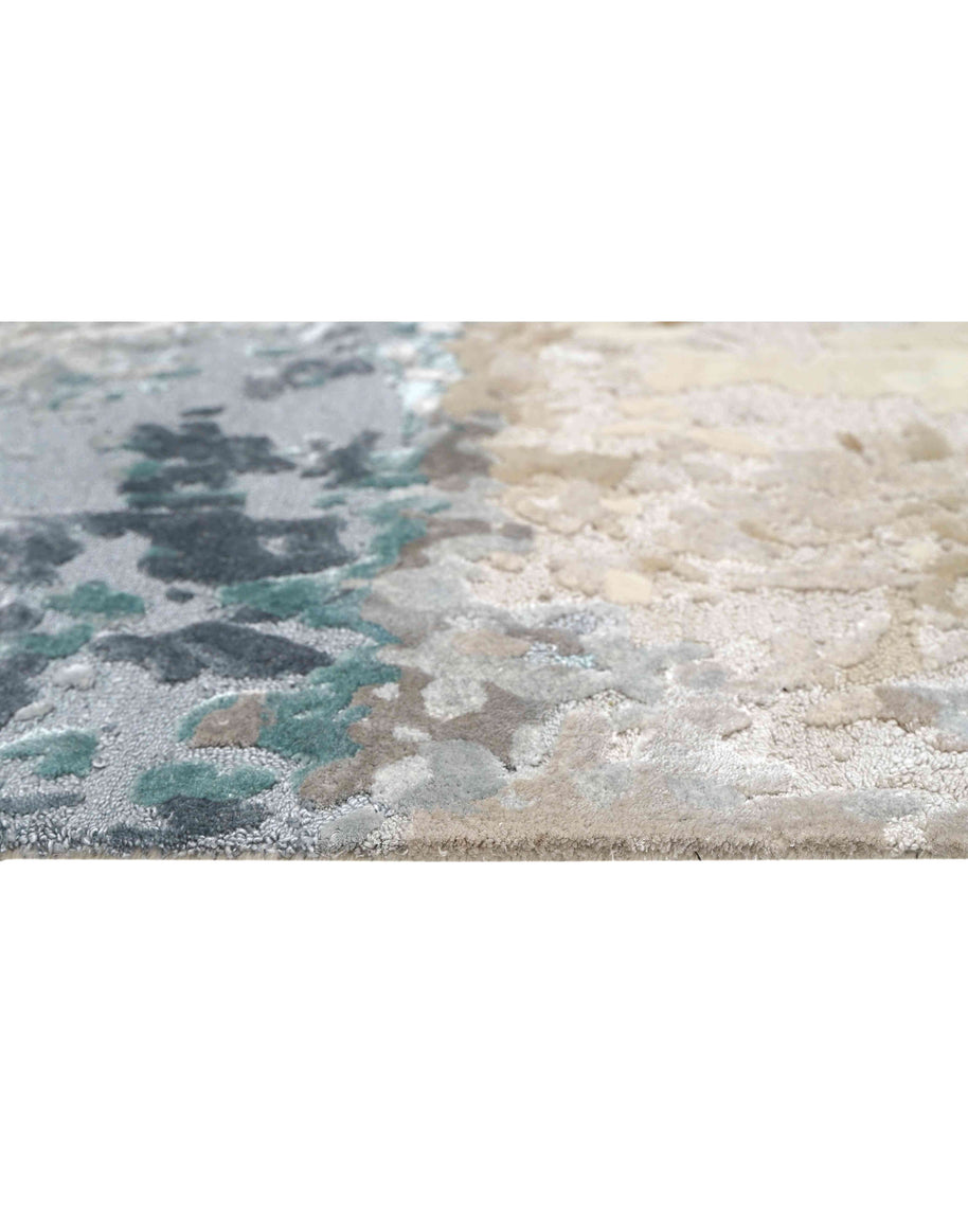 S A V O Y luxury handmade rug by Cherom, New Zealand wool, soft greys, warm beige, earthy browns, teal, modern rug