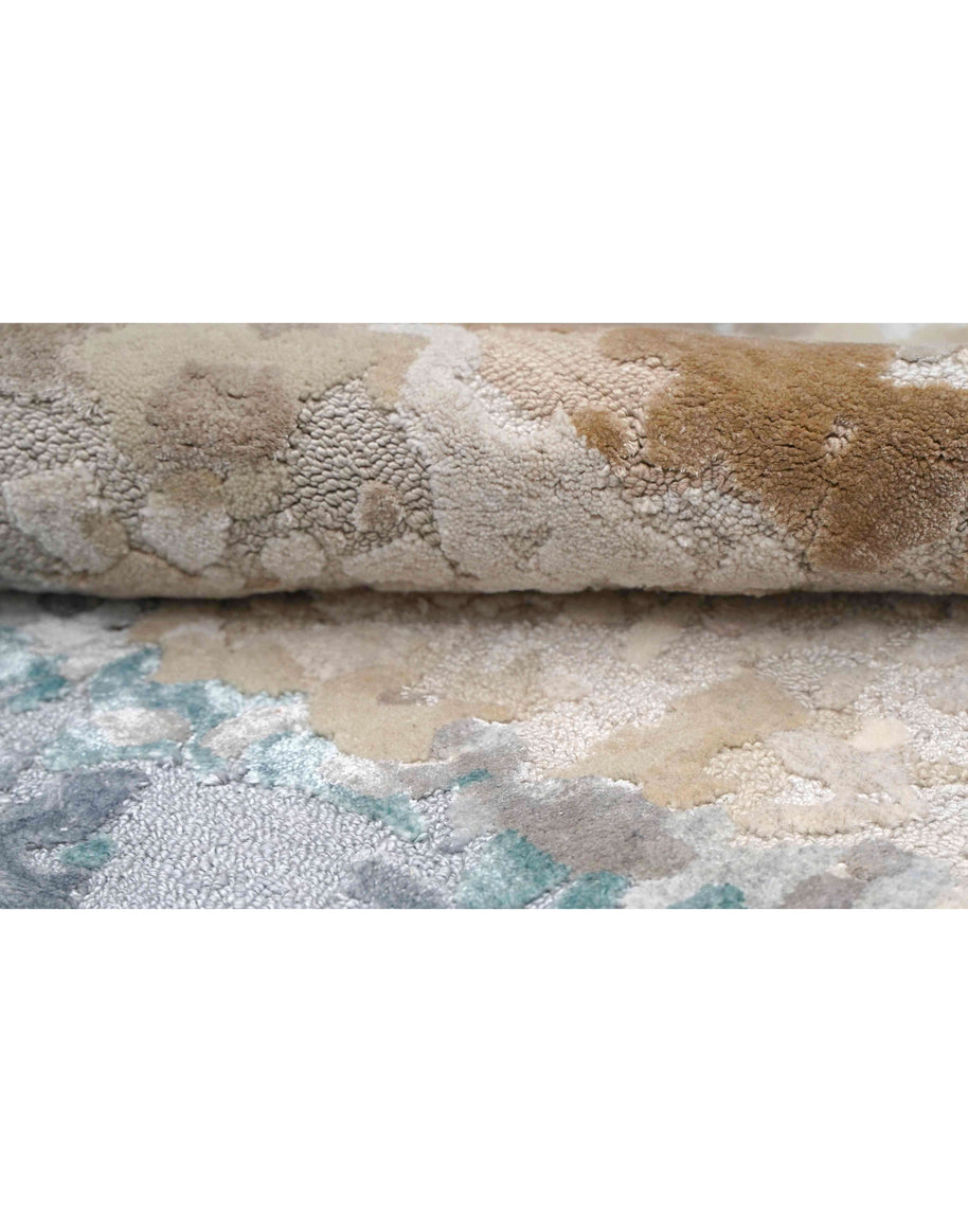 S A V O Y luxury handmade rug by Cherom, New Zealand wool, soft greys, warm beige, earthy browns, refreshing teal.