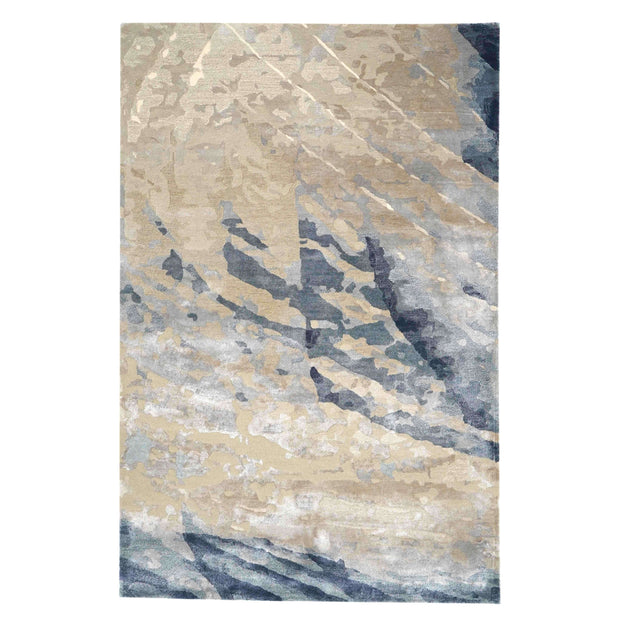 E V O K E luxury handmade rug by Cherom in New Zealand wool, showcasing abstract soft greys and muted blues.