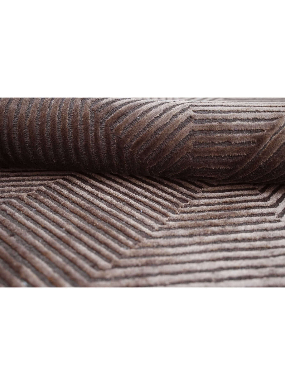 C O N T O U R - M O C H A luxury handmade rug by Cherom, deep chocolate, geometric pattern, New Zealand wool.