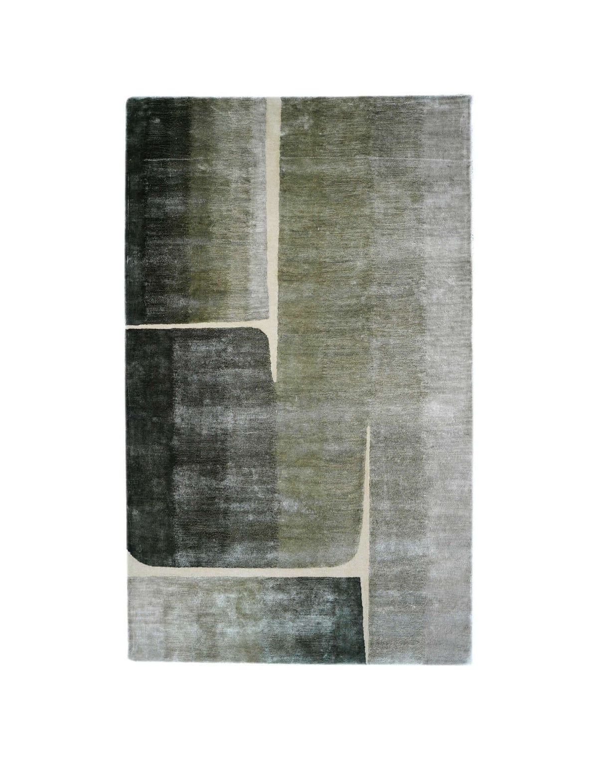O M B R E - 1 luxury handmade rug by Cherom in New Zealand wool, green and grey hues.