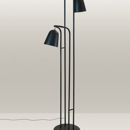 Floor lamp with a sleek design, dual-head configuration, and matte black finish.