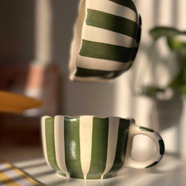 Green Stripes coffee cappucino mug broad and chunky