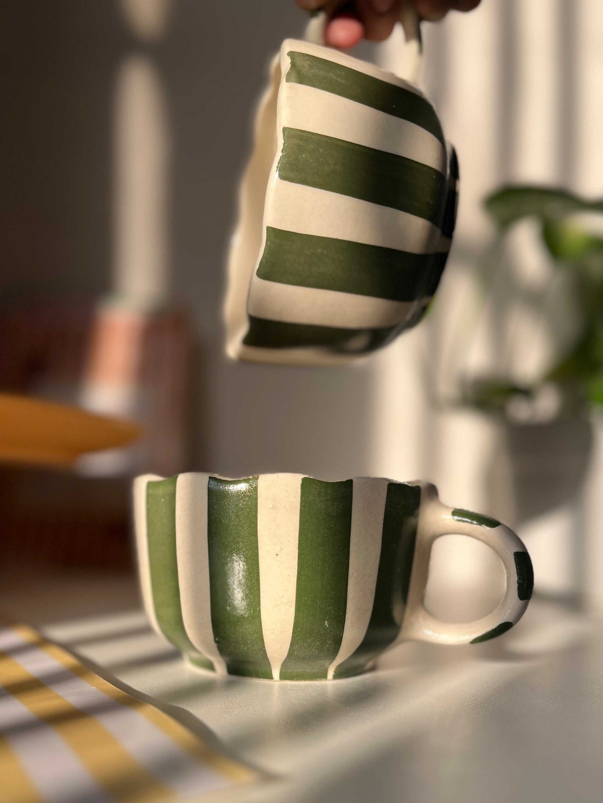 Green Stripes coffee cappucino mug broad and chunky