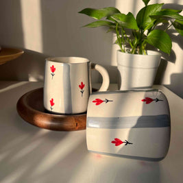 Ceramic mugs for coffee, tea, beverages, parties, home decor, grey stripe and white base. red flowers