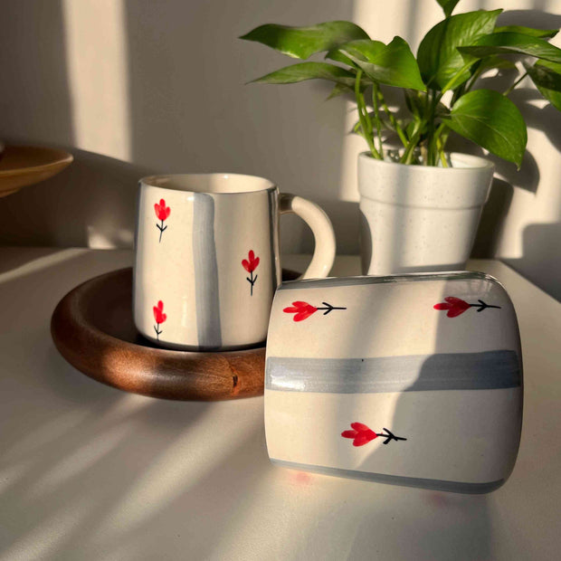 Ceramic mugs for coffee, tea, beverages, parties, home decor, grey stripe and white base. red flowers
