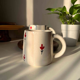 Pink stripe on white base with red floral motif ceramic mug for coffee, tea and breaks. Home decor, collector. 