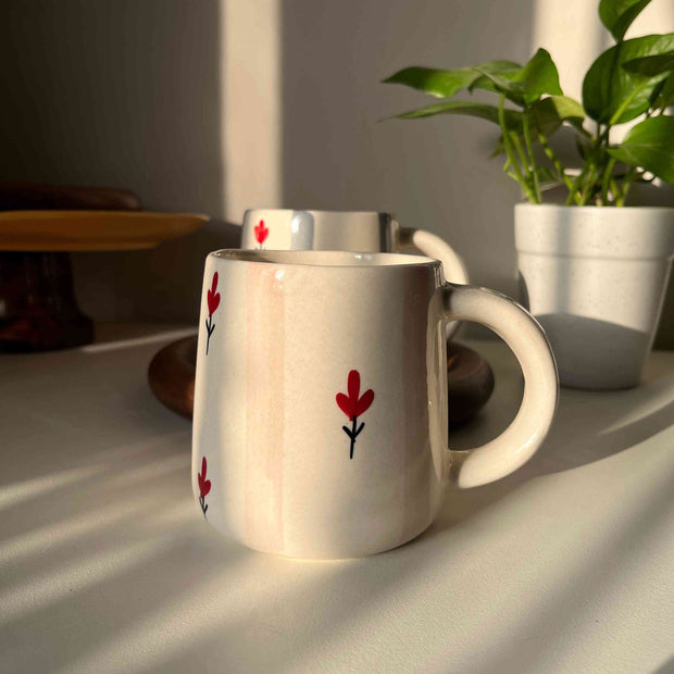 Pink stripe on white base with red floral motif ceramic mug for coffee, tea and breaks. Home decor, collector. 