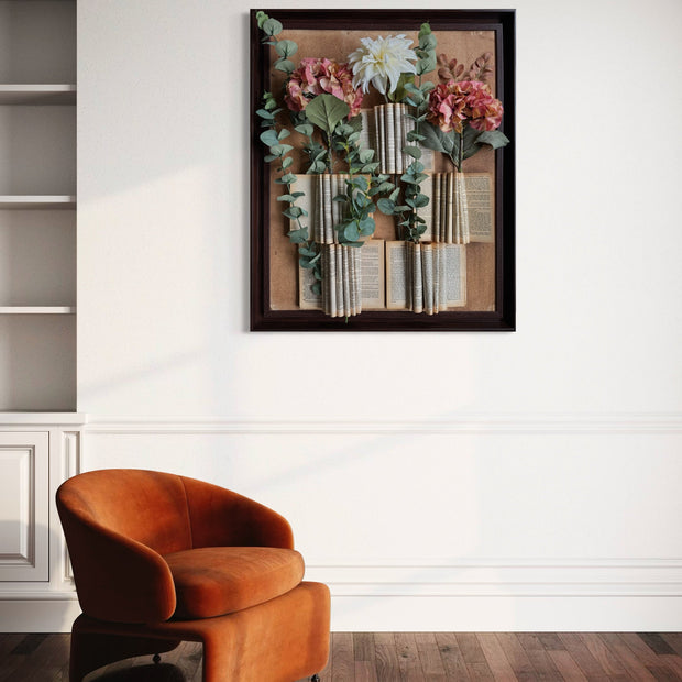 Botanical-themed mixed media artwork combining old book pages and artificial blooms