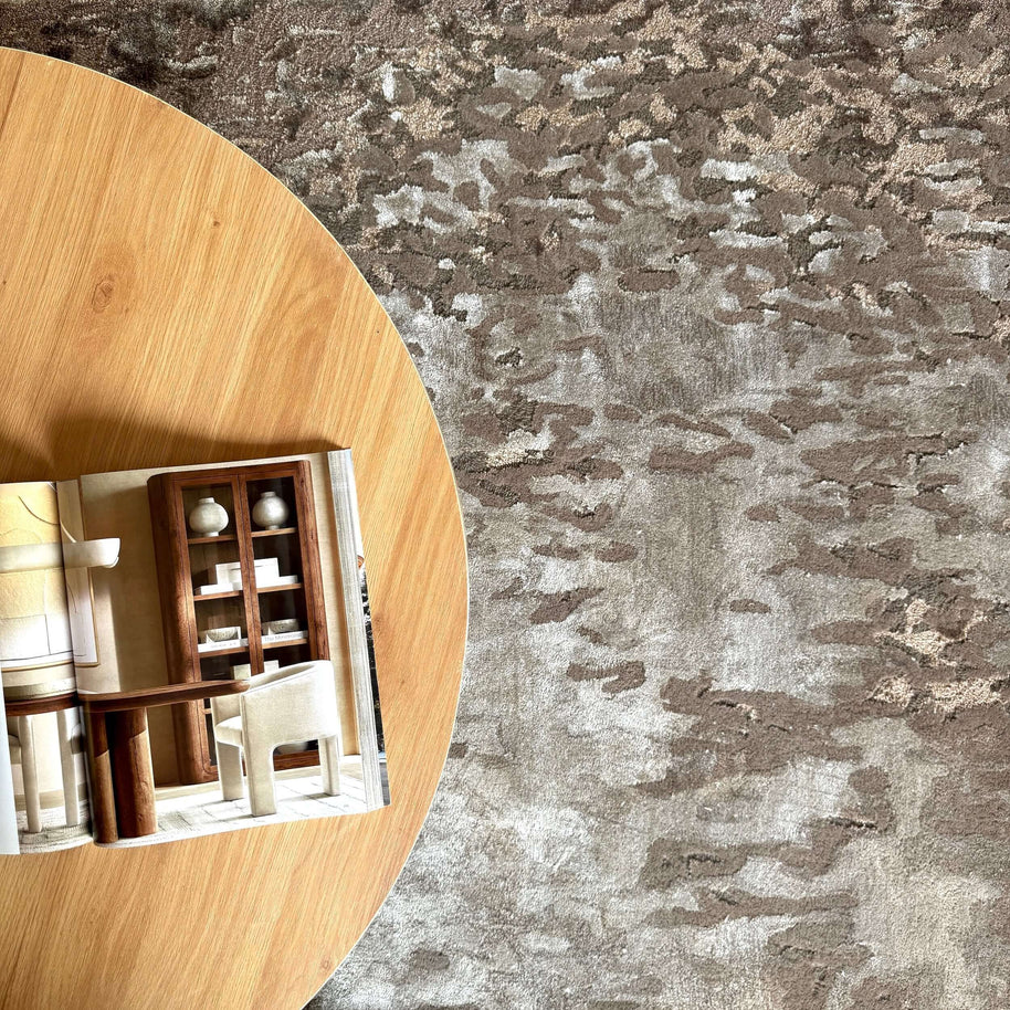 P A L E R M O luxury handmade rug by Cherom in earthy tones of beige and taupe, crafted from New Zealand wool.
