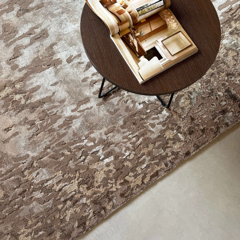 P A L E R M O luxury handmade rug by Cherom in warm beige and taupe, made from New Zealand wool.