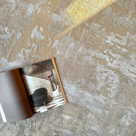S I E N A luxury handmade rug by Cherom in soft beige and muted grey tones, crafted from New Zealand wool.