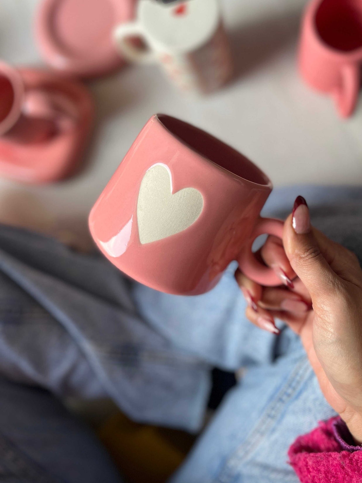 Cute pink mug with white matte heart in the centre
